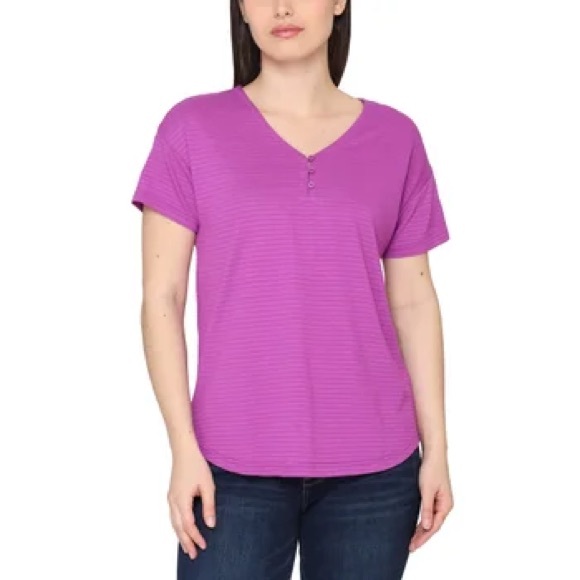 Talbots Tops - Talbots 3 Button V Neck Top in Purple Womens Large Short Sleeve Textured